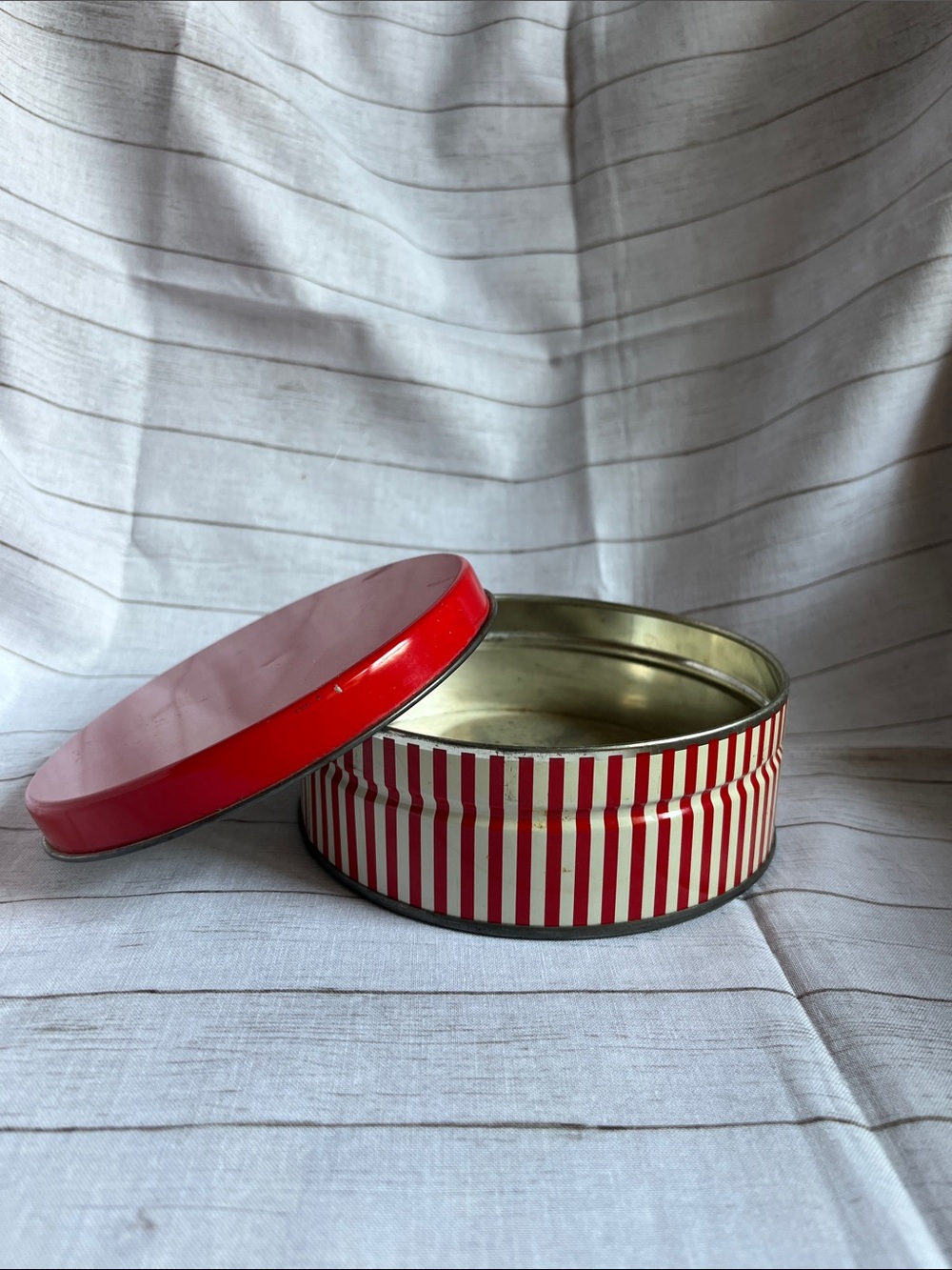 Swiss Colony Christmas Tin Red White Stripes Vintage